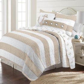 Full/Queen 3 Piece Nautical Striped Anchors Microfiber Quilt Set Beige