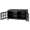 Black Wood TV Stand with Glass Panel Doors for up to 50-inch TV