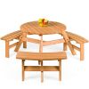 Outdoor Round Wood Picnic Table Bench Set with Umbrella Hole - Seats 6