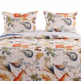 Full/Queen Blue Beige Birds Animals Floral Microfiber Reversible Quilt Set