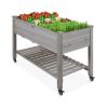 Outdoor Grey Wood Raised Garden Bed Planter Box with Shelf and Locking Wheels