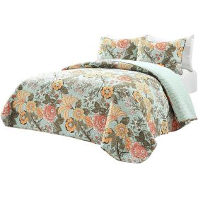 3 Piece FarmHouse Teal Floral Cotton Reversible Quilt Set, King