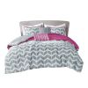 Full/Queen Reversible Comforter Set with Grey White Purple Pink Chevron Pattern