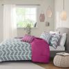 Full/Queen Reversible Comforter Set with Grey White Purple Pink Chevron Pattern