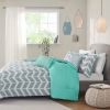 King size Reversible Comforter Set in Grey White Aqua Teal Chevron Stripe