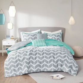 Twin/Twin XL Reversible Comforter Set in Grey White Aqua Teal Chevron Stripe