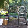 Curved Metal Garden Bench with Heart Pattern in Black Antique Bronze Finish