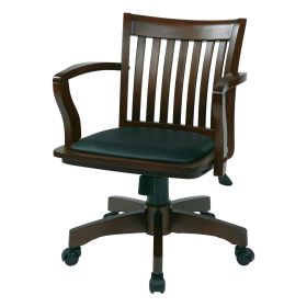 Espresso Bankers Chair with  Black Vinyl Padded Seat and Wood Arms