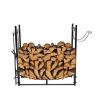 Black Metal Firewood Holder Log Rack with Poker Shovel Tongs and Broom