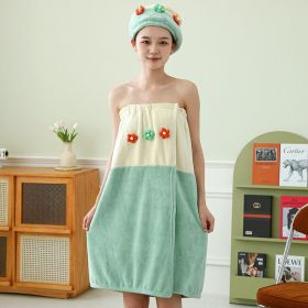 Hair-drying Cap Thick Coral Fleece Embroidery Flower Shower Cap Bath Towel Hair Band Strong Absorbent Bath Skirt Set (Option: Green Bath Skirt-Flower Series)