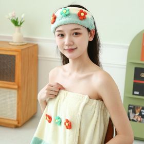 Hair-drying Cap Thick Coral Fleece Embroidery Flower Shower Cap Bath Towel Hair Band Strong Absorbent Bath Skirt Set (Option: Green Hair Band-Flower Series)